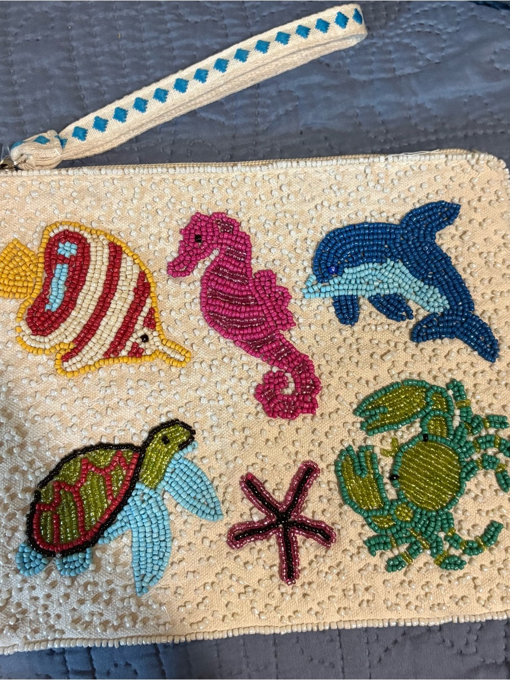 Beaded Ocean Critters Wristlet - Pink Seahorse & Blue Dolphin